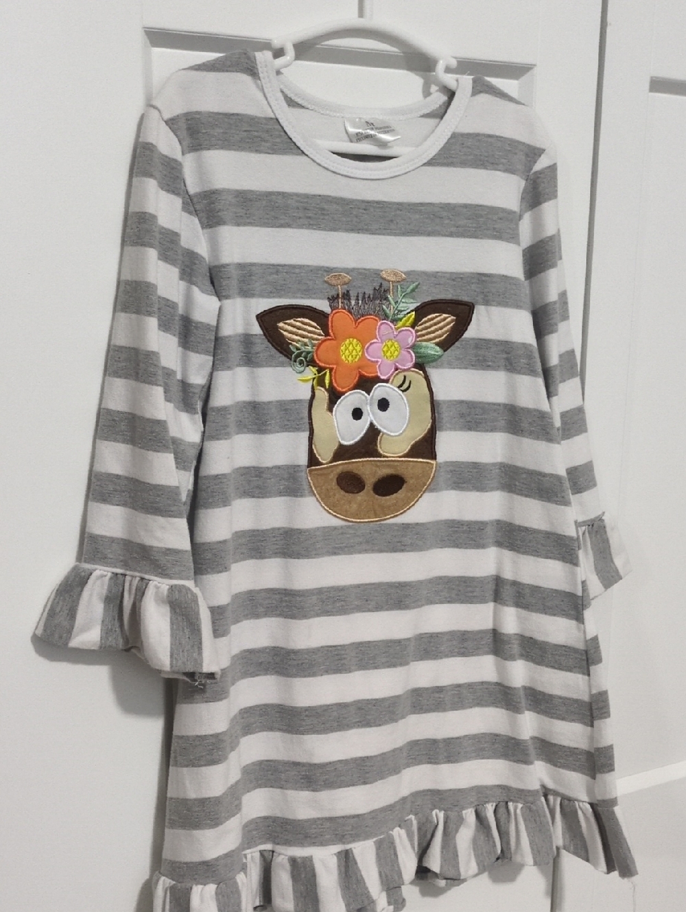 Generic Gray & White Striped Ruffle Hem Dress with Floral Giraffe Applique